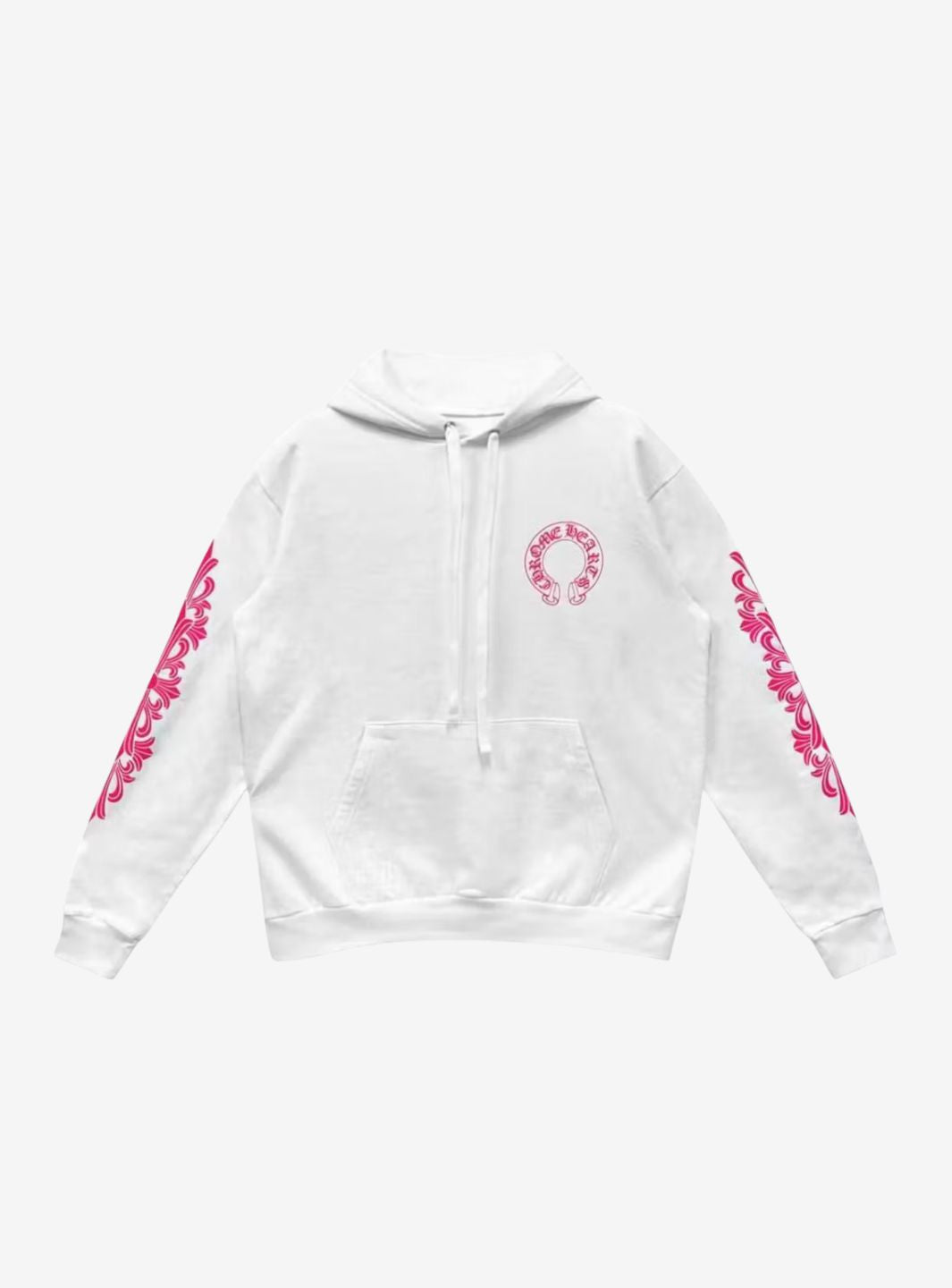 Chrome Hearts Pink Horseshoe Floral Sleeve Pullover Hoodie White