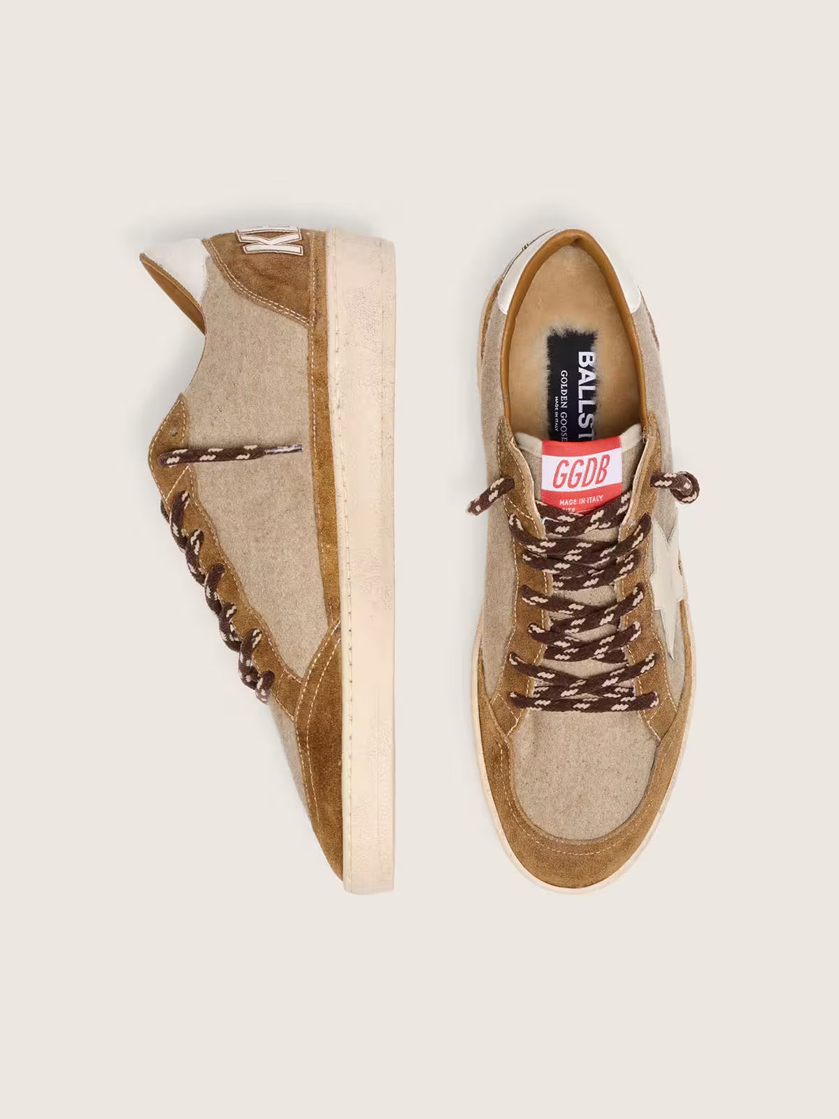 Ball Star Uomo in lana con stella in pelle crema e inserti in pelle cerata marrone