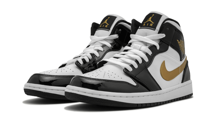 Air Jordan 1 Mid Patent Black White Gold